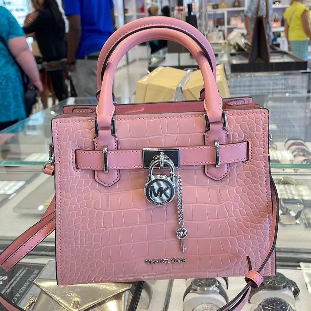 MICHAEL KORS Hamilton Small Crocodile Embossed Faux Leather Satchel Primrose NWT